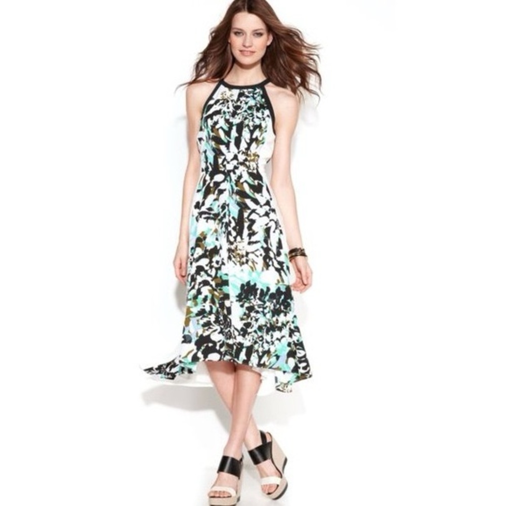DKNYC Black and White Asymmetrical Halter Midi Dress